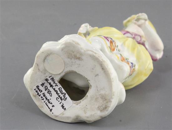 A Derby figure of a shepherdess, c.1760, h. 14cm, left wrist, hat brim and sheep front legs restored